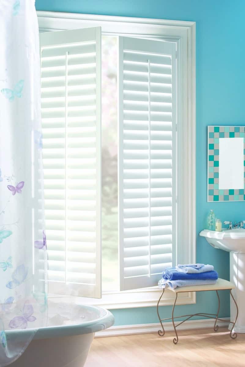 Custom bathroom window treatments for homes near Greenville, South Carolina (SC) including Palm Beach Polysatin Shutters